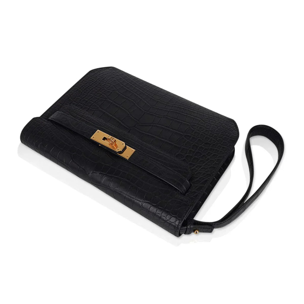 Kelly Depeches 25 Pouch Black Matte Alligator Gold Hardware New