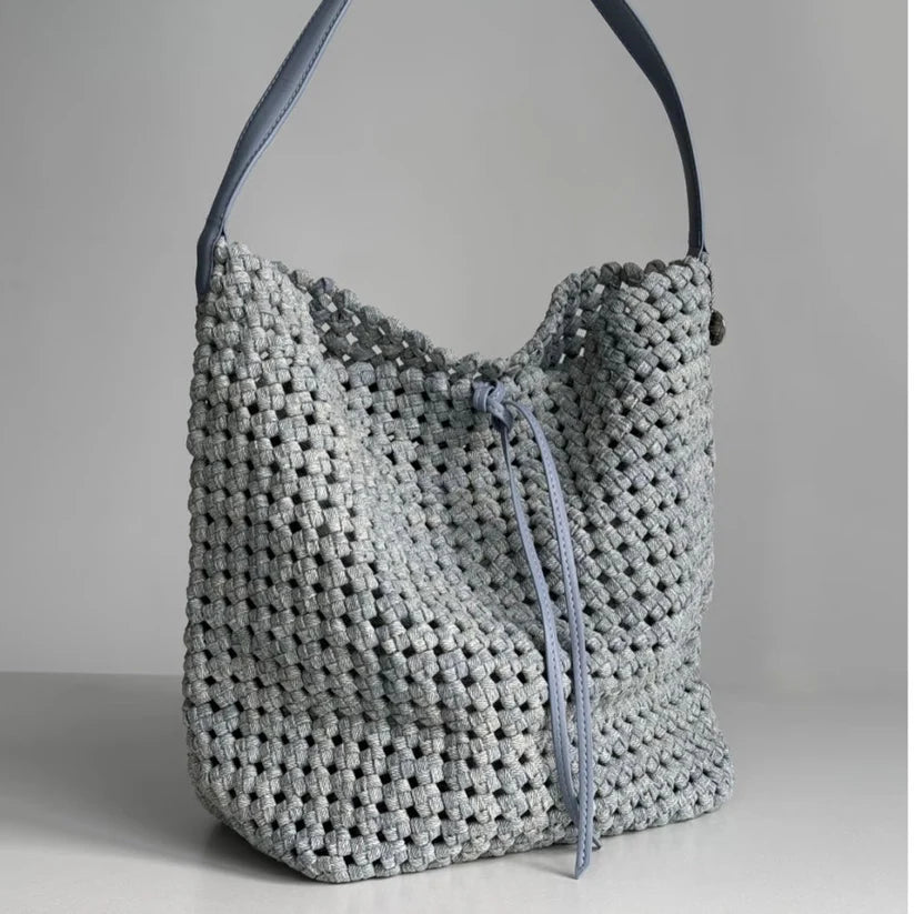 Woven Shoulder Bucket Bag — Smoky Blue