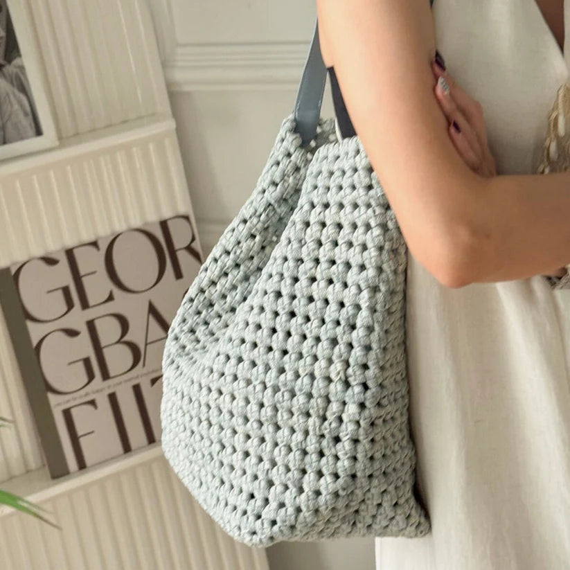 Woven Shoulder Bucket Bag — Smoky Blue