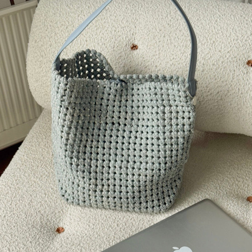 Woven Shoulder Bucket Bag — Smoky Blue