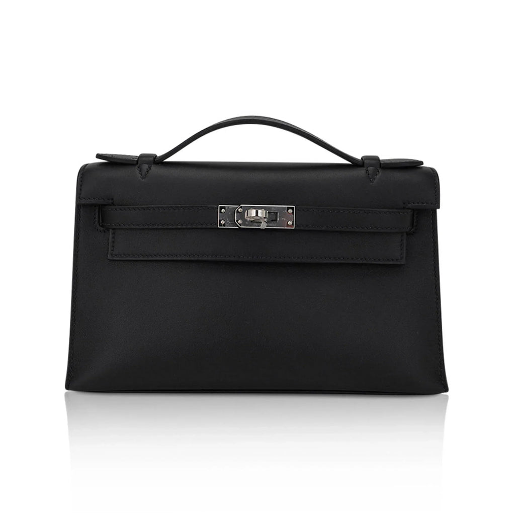 Kelly Pochette Clutch Bag Black Swift Leather with Palladium Hardware