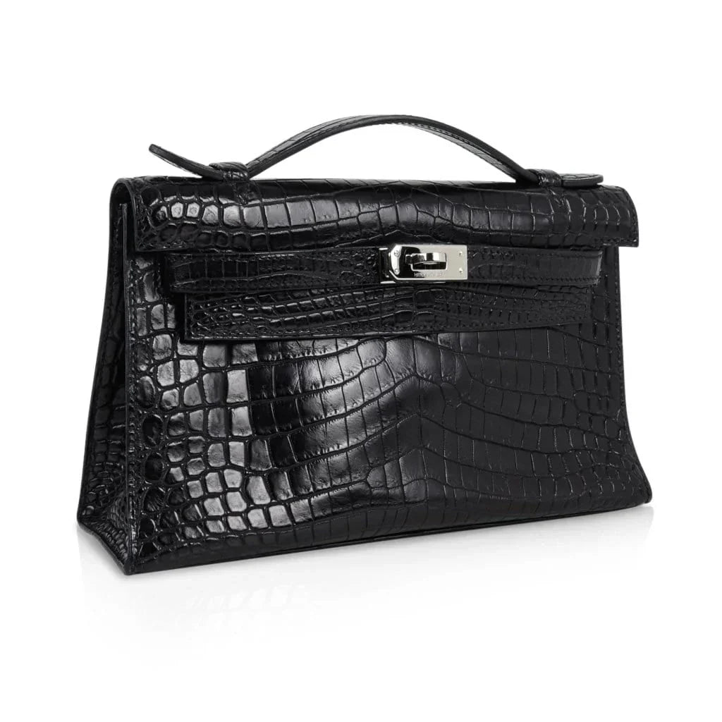 Kelly Pochette Bag Matte Black Crocodile Clutch Palladium