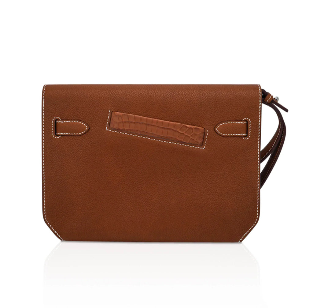 Kelly Depeches Touch Pouch 25 Bag Fauve Barenia Faubourg Leather and Gold Matte Alligator with Palladium Hardware