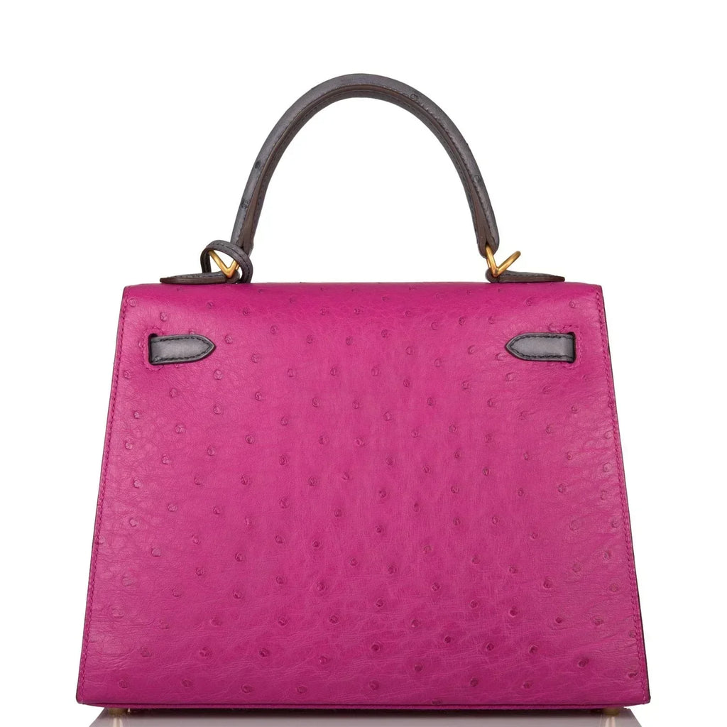 Kelly Sellier 25 Rose Pourpre and Gris Agate Ostrich Brushed Gold Hardware